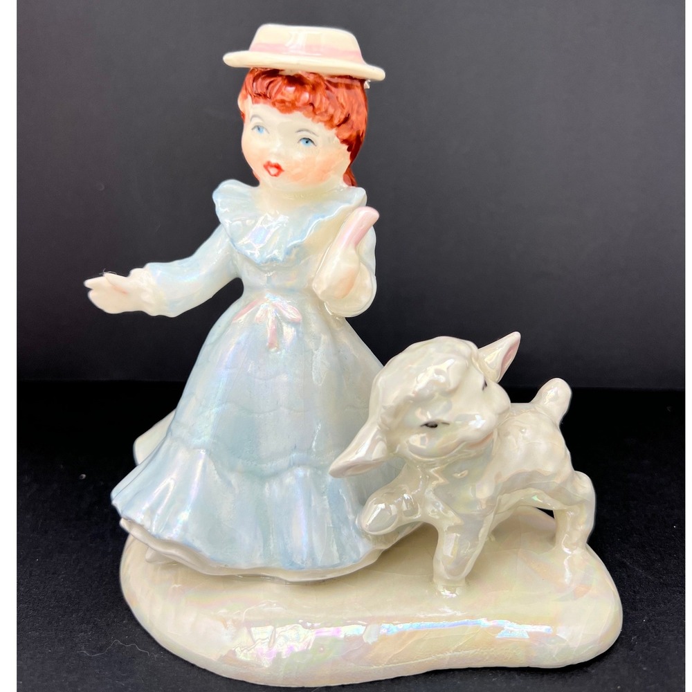 1950s Lusterware Girl with Lamb Figurine | Iridescent Ceramic Cottage Decor
